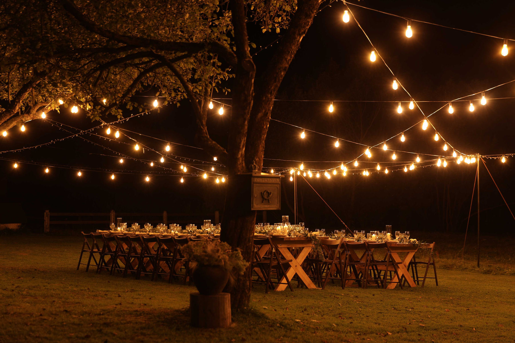 Outdoor evening reception under a canopy of string lights